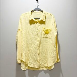 Pink Lily Butter Yellow Button-Down Gauze Cotton Textured Shirt Relaxed L